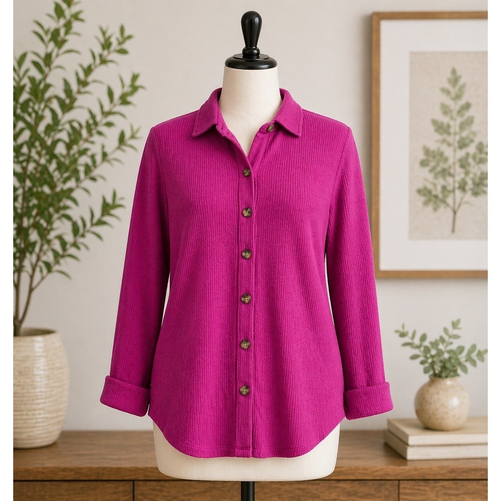 Belle by Kim Gravel Magenta Pink Waffle Knit Button Down Shirt Pockets Small